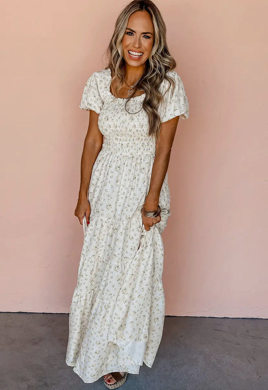 White Frilly Tiered Floral Maxi Dress