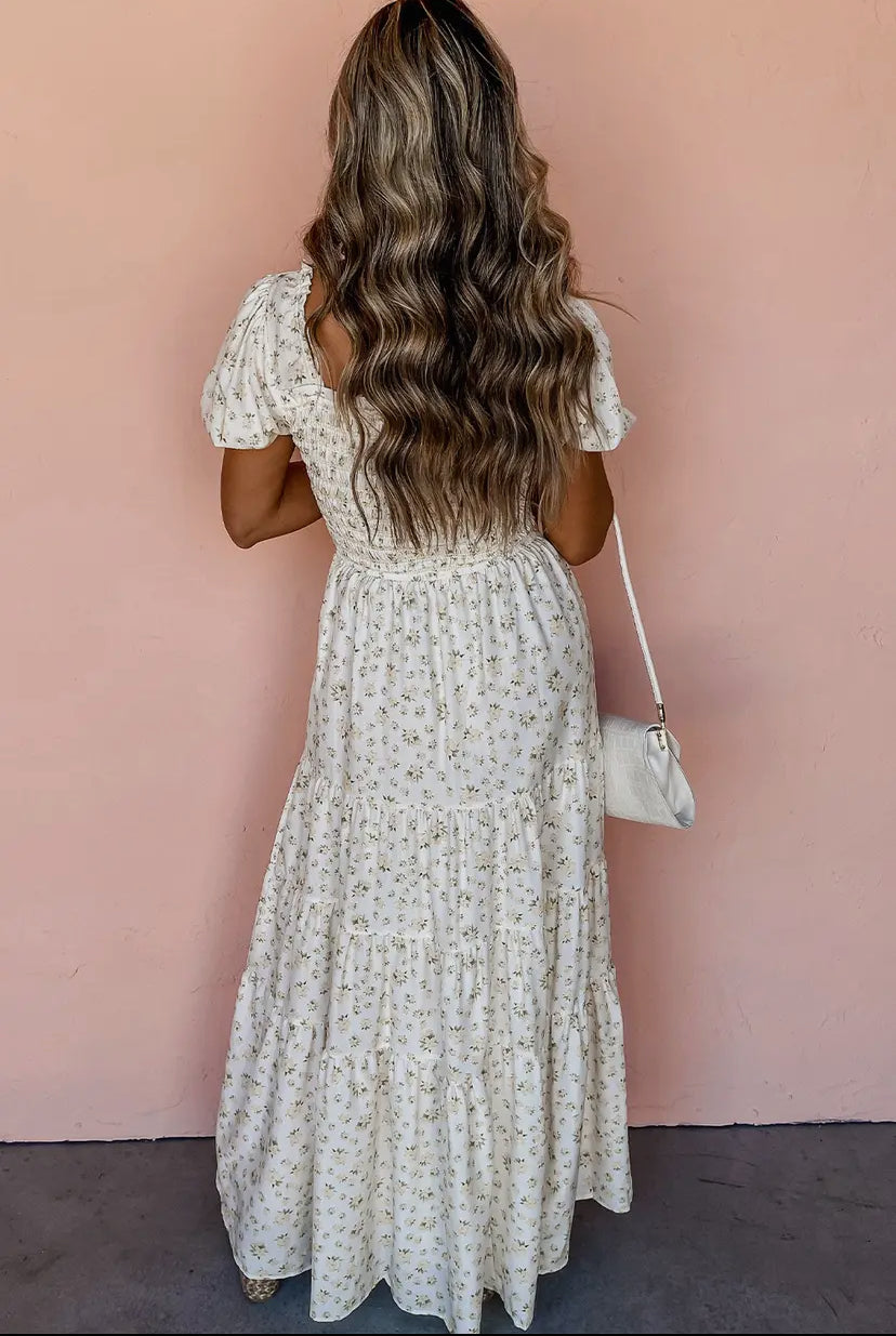 White Frilly Tiered Floral Maxi Dress