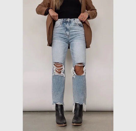 Retro High Waist Ripped Straight jeans