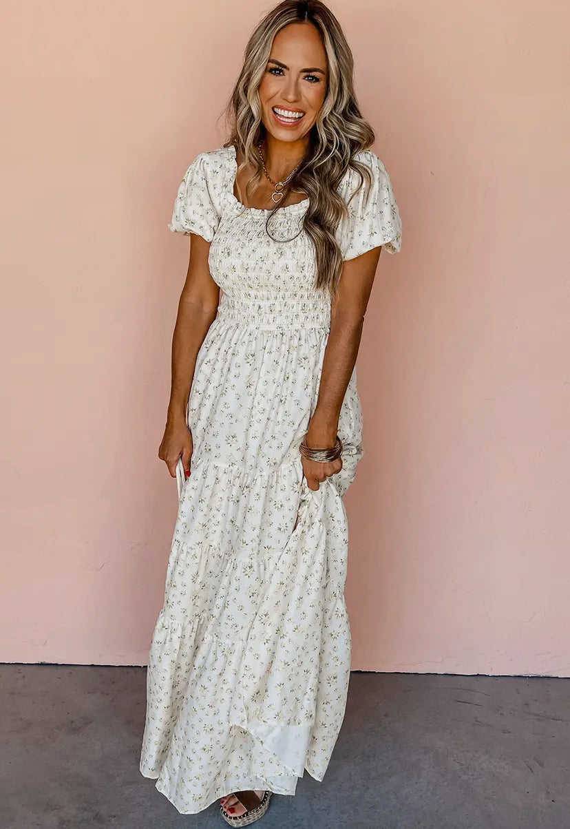 White Frilly Tiered Floral Maxi Dress